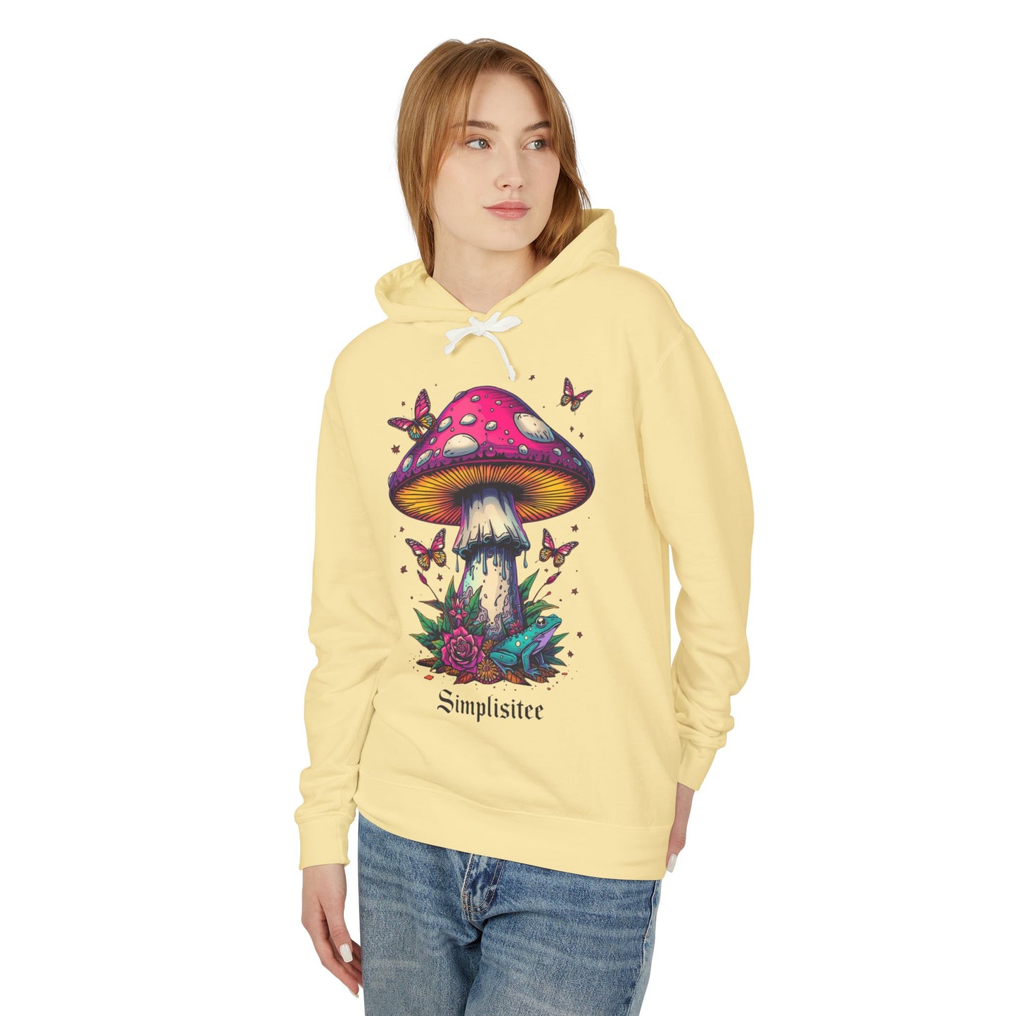 Simplisitee -Mushroom & Butterfly Hoodie - Nature-Inspired Unisex Lightweight Sweatshirt