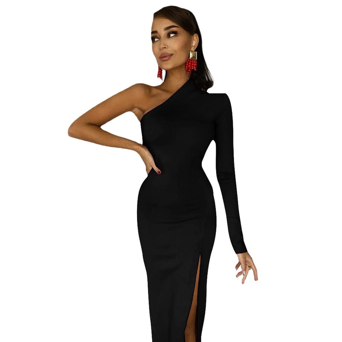 Black Half sleeve split dress One-Shoulder Slit Maxi Dress