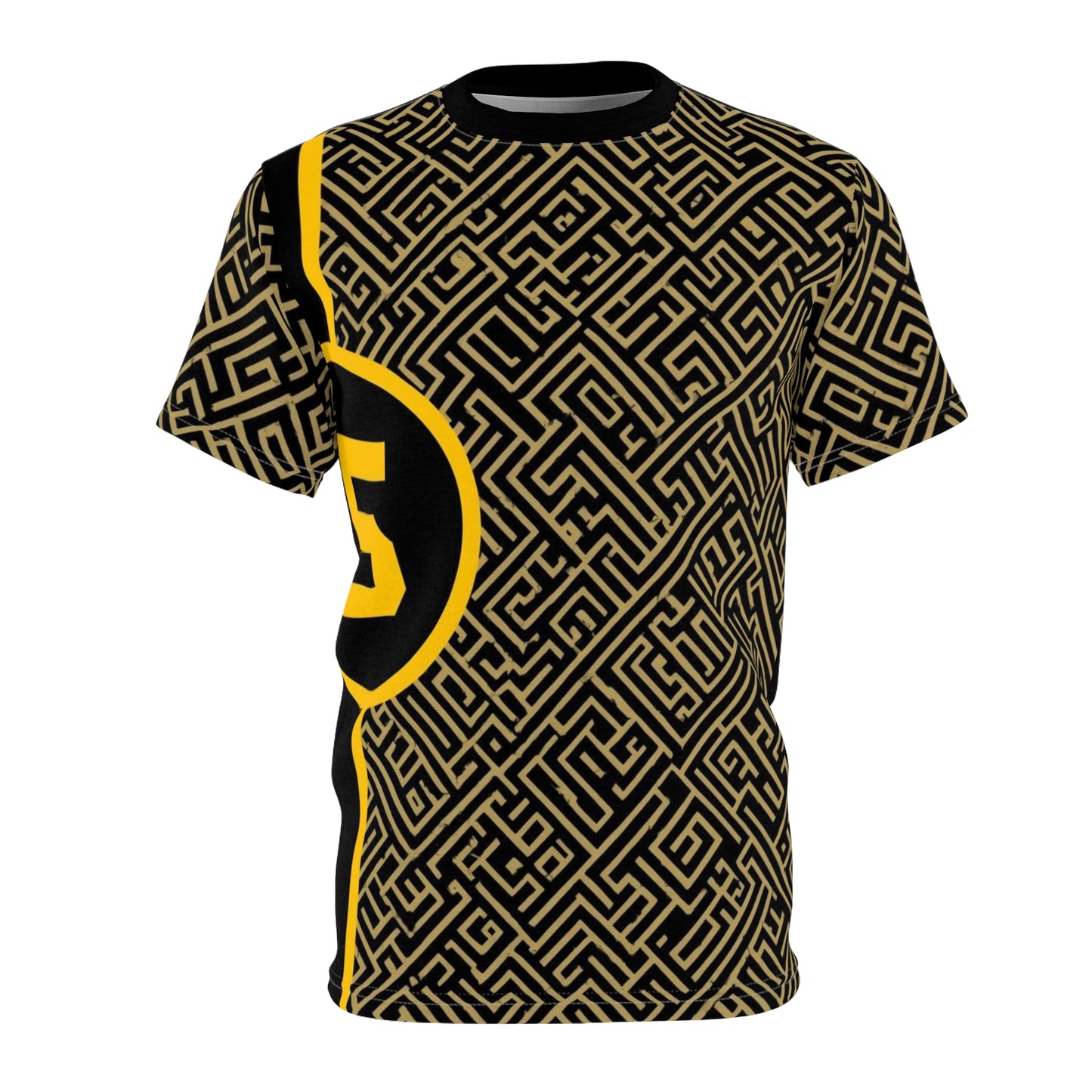 Geometric Maze Graphic Tee — Gold & Black All-Over Print