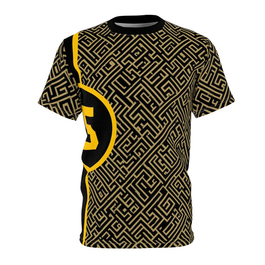 Geometric Maze Graphic Tee — Gold & Black All-Over Print
