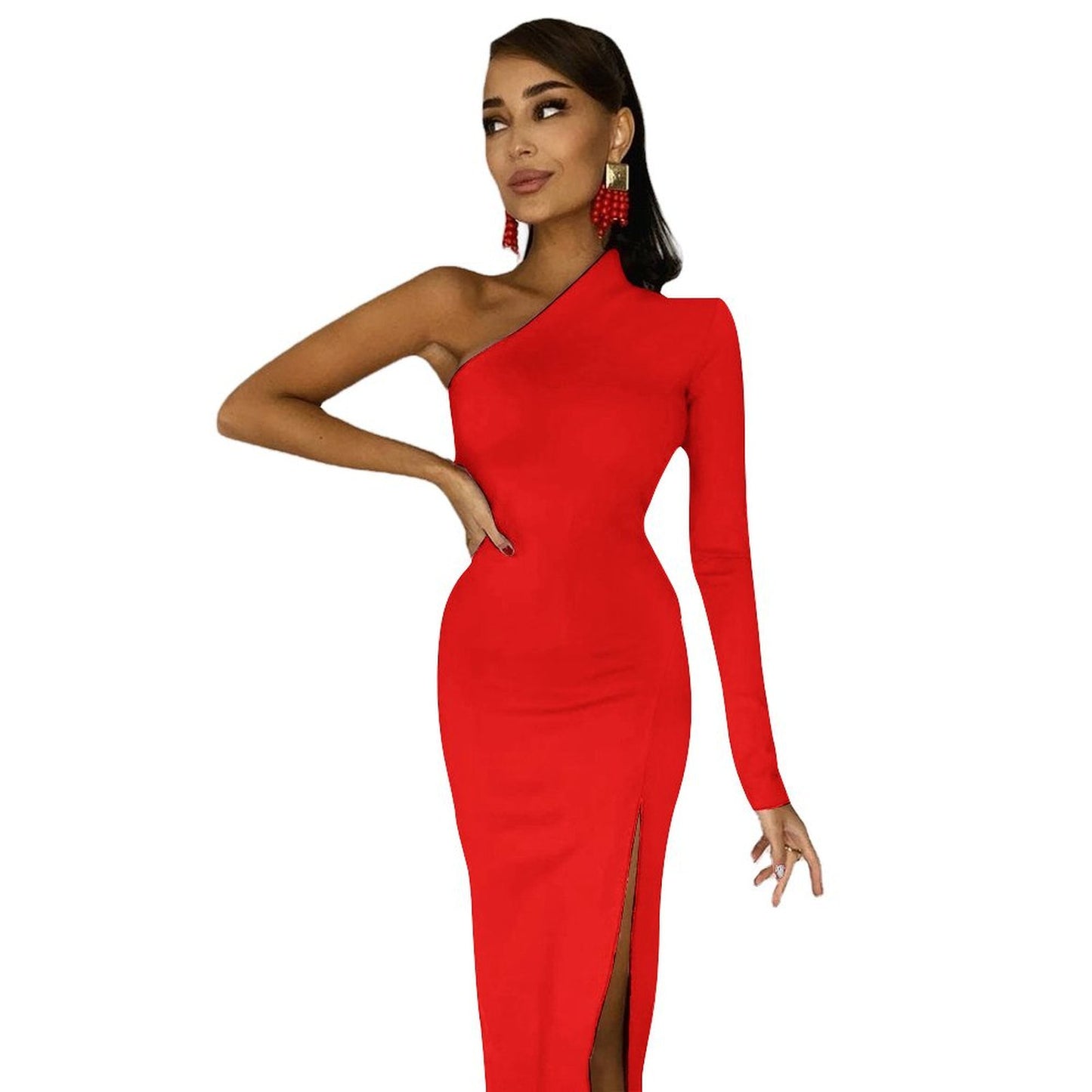 Red Half sleeve split dress One-Shoulder Slit Maxi Dress
