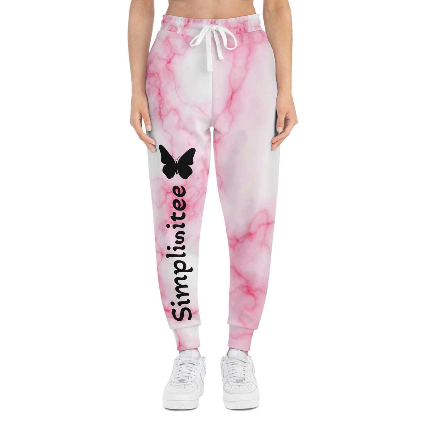 Simplisitee -Chic Marble Pink Joggers, Trendy Activewear, Comfort Fit Pants, Lounge Wear, Butterfly Print Fashion