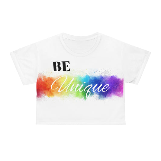 Simplisitee - Be Unique Crop Tee - Colorful Rainbow AOP Top, LGBTQ+ Pride Shirt, Festival Fashion, Summer Vibes, Gift for Her