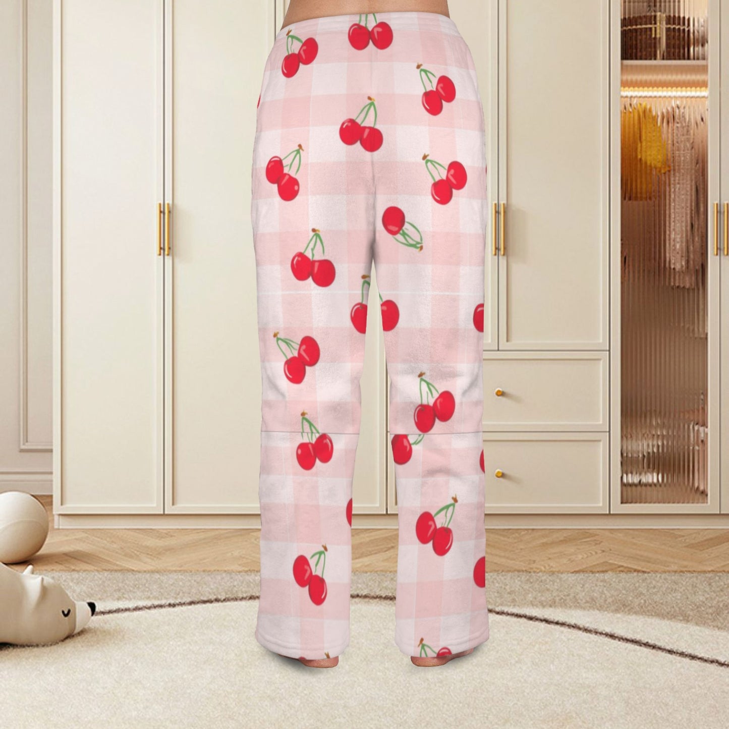 checkered cherry Women's Coral Fleece Pajama Trousers (Model L76)