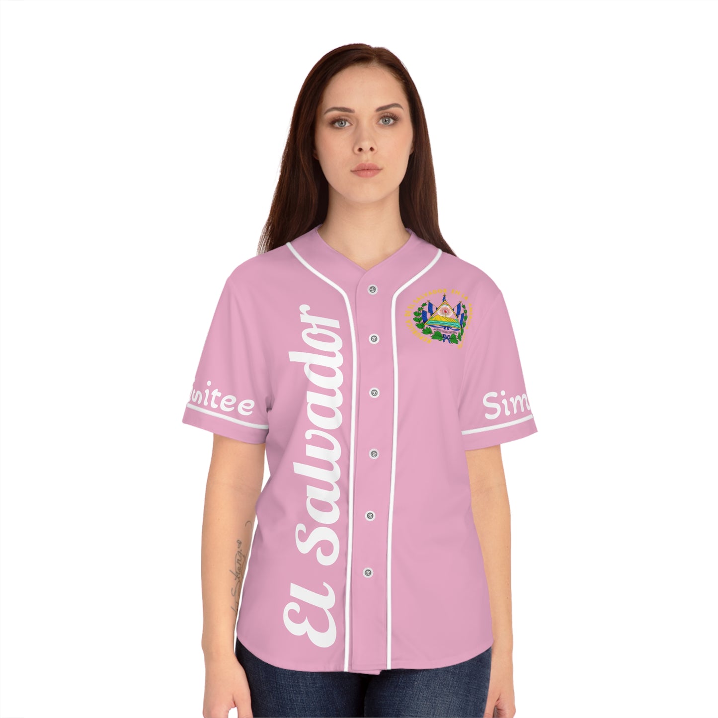 Simplisitee- Stylish Women's Baseball Jersey, El Salvador Pride Shirt, AOP Jersey, Cute Sports Apparel, Unique Gift for Celebrations