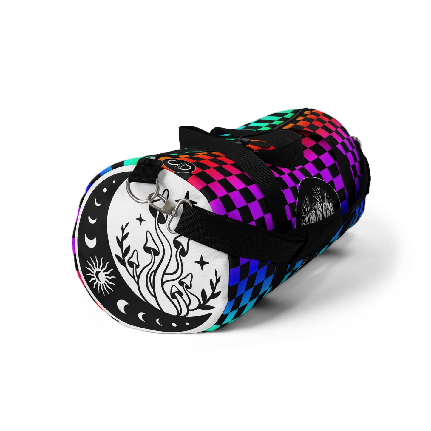 Psychedelic Checkerboard Mushroom Duffel Bag — Rainbow Skateboard Travel Gym Bag